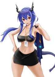 Rule 34 | 1girl, absurdres, arknights, bare arms, bare shoulders, bikini, bikini top only, black skirt, blue hair, breasts, ch&#039;en (arknights), chinese commentary, cleavage, collarbone, commentary request, cowboy shot, dragon horns, dragon tail, hair between eyes, hand on own hip, hand up, highres, holding, holding clothes, horns, lanyard, large breasts, long hair, looking at viewer, meihina, miniskirt, navel, open mouth, pencil skirt, red eyes, simple background, skirt, solo, standing, stomach, swimsuit, tail, thighs, white background