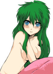 Rule 34 | 1girl, bad id, bad pixiv id, blue eyes, blush, breasts, completely nude, covering privates, covering breasts, expressionless, ganbare goemon, green hair, kca, large breasts, long hair, looking at viewer, mermaid, monster girl, mugi no yae, nude, scales, simple background, sitting, solo, white background, yae (ganbare goemon)