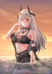 Rule 34 | 1girl, arknights, arm strap, bikini, black bikini, black collar, breasts, cleavage, collar, cowboy shot, demon horns, flower, grey hair, hair flower, hair ornament, hand up, highres, horns, infection monitor (arknights), jewelry, large breasts, long hair, looking at viewer, material growth, mudrock (arknights), mudrock (silent night) (arknights), necklace, official alternate costume, orange sky, oripathy lesion (arknights), outdoors, owanwan 1205, pointy ears, red eyes, red flower, see-through, sky, solo, stomach, sunset, swimsuit, wading, yellow flower