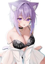 Rule 34 | 1girl, :p, absurdres, ahoge, animal ear fluff, animal ears, bare shoulders, blush, bra, breasts, c1p122, cat ears, cat girl, cat tail, cleavage, collar, collarbone, crossed bangs, hair between eyes, highres, hololive, lace, lace-trimmed bra, lace-trimmed panties, lace trim, large breasts, long sleeves, nekomata okayu, nekomata okayu (oversized shirt), panties, purple eyes, purple hair, shirt, short hair, sitting, smile, solo, tail, tongue, tongue out, underwear, virtual youtuber, wariza, white background