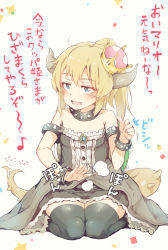Rule 34 | 1girl, :d, afterimage, aged down, bare shoulders, black dress, black thighhighs, blonde hair, blue eyes, blush, bowsette, bracelet, collar, collarbone, crown, dress, fang, gomennasai, hair between eyes, high ponytail, horns, jewelry, lap pillow invitation, mario (series), mini crown, new super mario bros. u deluxe, nintendo, open mouth, patting lap, ponytail, sitting, smile, solo, spiked bracelet, spiked collar, spiked shell, spiked tail, spikes, strapless, strapless dress, super crown, tail, tail wagging, thighhighs, thumbs up, tilted headwear, translation request, turtle shell, wariza