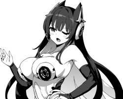 1girl azur_lane azur_lane:_slow_ahead black_hair breasts collarbone detached_sleeves greyscale hand_on_own_hip hand_up hori_(hori_no_su) large_breasts leotard long_hair monochrome official_alternate_costume official_art one_eye_closed open_mouth race_queen simple_background solo strasbourg_(azur_lane) strasbourg_(faerie_of_the_race_circuit)_(azur_lane) upper_body very_long_hair white_background white_leotard