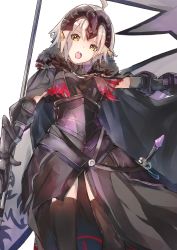 Rule 34 | 1girl, absurdres, ahoge, armor, armored dress, breastplate, breasts, cape, commentary request, fate/grand order, fate (series), feet out of frame, flag, forehead protector, fur collar, gauntlets, headpiece, highres, jeanne d&#039;arc (fate), jeanne d&#039;arc alter (avenger) (fate), jeanne d&#039;arc alter (avenger) (first ascension) (fate), jeanne d&#039;arc alter (fate), looking at viewer, marova-00, medium breasts, open mouth, outstretched arm, short hair, silver hair, simple background, solo, sword, weapon, white background, yellow eyes