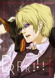 Rule 34 | 1boy, animal, blonde hair, dog, durarara!!, glasses, heiwajima shizuo, male focus, open mouth, short hair, solo, sunglasses