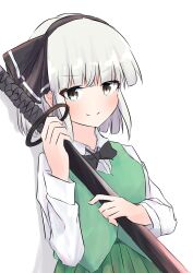 Rule 34 | 1girl, absurdres, black bow, black bowtie, black hairband, black ribbon, blunt bangs, blunt ends, blush, bob cut, bow, bowtie, closed mouth, collared shirt, eyes visible through hair, green skirt, green vest, grey eyes, grey hair, hair ribbon, hairband, hands up, highres, holding, holding sword, holding weapon, katana, konpaku youmu, long sleeves, looking at viewer, one-hour drawing challenge, pleated skirt, refuson man, ribbon, scabbard, shadow, sheath, sheathed, shirt, short hair, simple background, sketch, skirt, smile, solo, split mouth, sword, touhou, traditional bowtie, upper body, vest, weapon, white background, white shirt