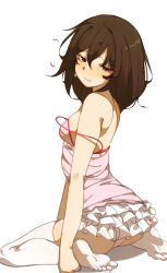 Rule 34 | 1girl, absurdres, ass, blush, breasts, camisole, deko morii, frilled skirt, frills, full body, furrowed brow, half-closed eyes, heart, highres, kneeling, messy hair, monogatari (series), no shoes, panties, pink camisole, sengoku nadeko, simple background, sitting, skirt, solo, strap slip, thighhighs, thighs, toes, underwear, wariza, white background, white skirt, white thighhighs