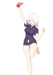 Rule 34 | 1girl, ;d, absurdres, arm up, azur lane, bad id, bad pixiv id, bare legs, barefoot, black shirt, blue eyes, breasts, dress shirt, drink, drunk, hair between eyes, highres, holding, jilu, large breasts, looking at viewer, navel, one eye closed, open mouth, panties, shirt, short hair, short sleeves, simple background, smile, solo, standing, standing on one leg, tirpitz (azur lane), unbuttoned, unbuttoned shirt, underwear, white background, white hair, white panties