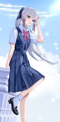 Rule 34 | 1girl, arm up, ayaka (genshin impact), belt, black footwear, blue bow, blue dress, blue eyes, blue sky, blunt bangs, bow, bowtie, breasts, cloud, collared shirt, commentary, day, dress, english commentary, eyelashes, floating hair, genshin impact, grey hair, hair bow, hair ribbon, highres, knee up, leaning on object, loafers, long hair, looking at viewer, outdoors, parted lips, photo-referenced, pinafore dress, pleated dress, ponytail, purple bow, purple bowtie, purple ribbon, ribbon, ringeko-chan, shirt, shoes, short sleeves, sidelocks, sky, sleeveless dress, small breasts, socks, solo, standing, standing on one leg, white shirt, white socks, wing collar