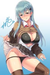 Rule 34 | 1girl, :p, aqua hair, bikini, bikini under clothes, black bikini, blush, breasts, brown skirt, brown thighhighs, cardigan, closed mouth, clothes lift, cowboy shot, frilled skirt, frills, green eyes, hair ornament, hairclip, jewelry, kantai collection, large breasts, lifted by self, long hair, long sleeves, looking at viewer, naughty face, nose blush, off shoulder, over-kneehighs, ring, saemon (tonpura), school uniform, skirt, skirt lift, solo, suzuya (kancolle), swimsuit, thighhighs, tongue, tongue out, wedding band