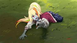 Rule 34 | 1girl, absurdres, amputee, bandaged arm, bandages, blonde hair, blue skin, blue skirt, colored skin, double amputee, grass, green hair, highres, jacket, long hair, looking at viewer, lying, multicolored hair, nikaidou saki, no legs, on back, on grass, open mouth, photo-referenced, pleated skirt, ponytail, reaching, reaching towards viewer, red eyes, red hair, red jacket, ryusei hashida, skirt, solo, stitched arm, stitches, streaked hair, the walking dead, wide-eyed, zombie land saga