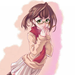 Rule 34 | 10s, 1girl, alternate costume, blush, brown hair, commentary request, eyebrows, glasses, gradient background, green eyes, hair ornament, hairclip, highres, kantai collection, long sleeves, looking at viewer, okinami (kancolle), own hands together, pleated skirt, red scarf, scarf, shirasaki (19295604), short hair, skirt, solo, sweater