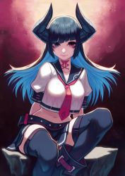Rule 34 | 1girl, absurdres, arms at sides, arms behind back, belt, black footwear, black hair, black skirt, black thighhighs, blue eyes, blue hair, boots, breasts, closed mouth, collarbone, crop top, demon horns, doku-chan (dokkudokudoku), heterochromia, highres, horns, long hair, looking at viewer, medium breasts, midriff, miniskirt, multicolored hair, navel, neck ribbon, necktie, original, pink lips, pink ribbon, puffy short sleeves, puffy sleeves, red eyes, ribbon, sailor collar, school uniform, shirt, short sleeves, sitting, skirt, smile, solo, stitches, streaked hair, thighhighs, two-tone hair, white shirt, you dokuo