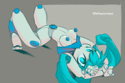 Rule 34 | 1girl, android, arms behind head, blue eyes, blue hair, blue shirt, breasts, clothes lift, creux, jenny wakeman, lying, medium breasts, mouth hold, my life as a teenage robot, on back, shirt, shirt lift