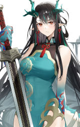 Rule 34 | 1girl, arknights, black hair, blue skin, blush, breasts, china dress, chinese clothes, closed mouth, colored skin, commentary, covered navel, cowboy shot, dragon horns, dragon print, dress, dusk (arknights), earrings, expressionless, gradient skin, green dress, green hair, highres, holding, holding sword, holding weapon, horns, jewelry, long hair, looking at viewer, medium breasts, multicolored hair, neck tassel, pointy ears, raitho, red eyes, side slit, sidelocks, simple background, sleeveless, sleeveless dress, slit pupils, solo, standing, streaked hair, sword, symbol-only commentary, tassel, tassel earrings, taut clothes, taut dress, two-tone hair, very long hair, weapon, white background