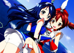 Rule 34 | 2girls, ass, back, bike shorts, blue eyes, blue hair, blush, boots, brown eyes, brown hair, day, elbow gloves, flying, futaba aoi (vividred operation), gloves, holding hands, hat, interlocked fingers, isshiki akane, koumou usagi, long hair, looking at viewer, looking back, multiple girls, ocean, open mouth, palette suit, short hair, short twintails, sky, smile, twintails, vividred operation, youmou usagi