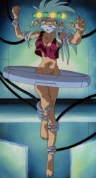 Rule 34 | 1990s (style), 1girl, absurdres, angry, blue hair, gagged, highres, machinery, official art, restrained, retro artstyle, ryouko (tenchi muyou!), science fiction, screencap, solo, spiked hair, stitched, tank top, tenchi muyou!, third-party edit, yellow eyes