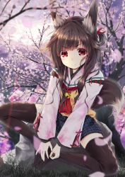 Rule 34 | 1girl, animal ears, argyle, argyle clothes, argyle legwear, ascot, bell, black thighhighs, butterfly sitting, cherry blossoms, fox ears, fox tail, highres, indian style, looking at viewer, no shoes, original, plaid, plaid skirt, red eyes, ruki (rokiru), school uniform, serafuku, sitting, skirt, smile, solo, tail, thighhighs