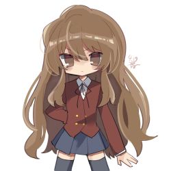Rule 34 | 1girl, :3, aisaka taiga, black thighhighs, blazer, blouse, blue skirt, brown eyes, brown hair, buttons, closed mouth, collared shirt, commentary, cowboy shot, double-breasted, hair between eyes, highres, jacket, long hair, long sleeves, looking at viewer, neck ribbon, oohashi high school uniform, red jacket, red ribbon, ribbon, school uniform, shirt, simple background, skirt, solo, standing, thighhighs, toradora!, very long hair, white background, white shirt, zvvvvb