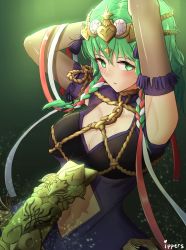 Rule 34 | 1girl, alternate costume, armpits, arms up, artist name, braid, breasts, byleth (female) (fire emblem), byleth (fire emblem), cleavage, clothing cutout, dark background, dress, fire emblem, fire emblem: three houses, green eyes, green hair, hair ribbon, ippers, large breasts, light particles, looking at viewer, medium hair, navel cutout, nintendo, parted lips, ribbon, side braid, solo, tiara, twin braids, upper body