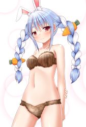 Rule 34 | 1girl, alternate costume, animal ear fluff, animal ears, bare arms, bare shoulders, blue hair, blush, bra, braid, breasts, brown bra, brown panties, carrot hair ornament, closed mouth, collarbone, commentary request, food-themed hair ornament, gluteal fold, hair between eyes, hair ornament, highres, hololive, ki (kk-sk-ray), multicolored hair, navel, panties, rabbit ears, red eyes, short eyebrows, sidelocks, small breasts, solo, thick eyebrows, twin braids, twintails, two-tone hair, underwear, underwear only, usada pekora, virtual youtuber, white hair