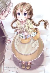 Rule 34 | 1boy, 1girl, :o, basket, blonde hair, blue eyes, blush, braid, brown hair, child, comic rin, dress, flower, focke wulf, freckles, from above, glasses, highres, long hair, long skirt, non-web source, old, old man, open mouth, original, skirt, source request, standing, twin braids