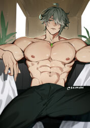 Rule 34 | 1boy, abs, ahoge, alhaitham (genshin impact), artist name, black pants, bulge, chest jewel, closed mouth, collarbone, commentary, english commentary, eriimyon, expressionless, genshin impact, green eyes, green hair, grey hair, hair over one eye, highres, indoors, light particles, looking at viewer, male focus, multicolored hair, navel, nipples, one eye covered, pants, parted bangs, pectorals, plant, short hair, sidelocks, sitting, solo, stomach, streaked hair, swept bangs, topless male, twitter username