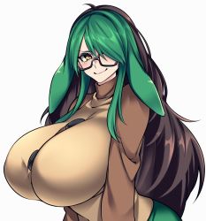 Rule 34 | 1girl, animal ears, breasts, brown hair, brown shirt, brown sleeves, buttons, commentary, commission, dog ears, dog girl, english commentary, glasses, green hair, green pants, hair over one eye, highres, huge breasts, hz (666v), looking at viewer, lop rabbit ears, multicolored hair, original, pants, rabbit ears, shirt, smile, two-tone hair, two-tone shirt, white background, yellow eyes