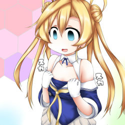 Rule 34 | 1girl, abukuma (kancolle), blonde hair, blue eyes, blue shirt, breast conscious, color connection, commentary request, cosplay, cowboy shot, double bun, empty eyes, flat chest, fletcher (kancolle), fletcher (kancolle) (cosplay), gloves, hair between eyes, hair bun, hair color connection, hair rings, honeycomb (pattern), honeycomb background, kantai collection, long hair, looking down, multicolored background, neckerchief, off shoulder, ouno (nounai disintegration), pleated skirt, sailor collar, school uniform, serafuku, shirt, skirt, solo, white gloves, white sailor collar, white skirt, yellow neckerchief
