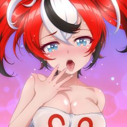 Rule 34 | 1girl, bare shoulders, black hair, blue eyes, blush, breasts, cleavage, collarbone, gradient background, hair between eyes, hakos baelz, hand to own mouth, hand up, highres, hololive, hololive english, large breasts, long hair, looking at viewer, multicolored hair, open mouth, p-nekoe, red hair, saliva, sharp teeth, simple background, solo, teeth, tongue, tongue out, twintails, upper body, virtual youtuber, white hair