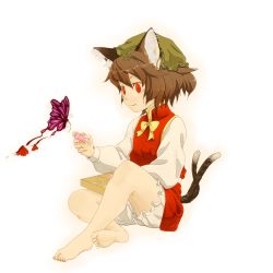 Rule 34 | 1girl, animal ears, barefoot, brown hair, bug, butterfly, cat ears, cat girl, cat tail, chen, dress, earrings, feet, female focus, full body, gradient background, hat, highres, hikarinoko, insect, jewelry, multiple tails, red eyes, short hair, solo, tail, touhou, underwear, white background