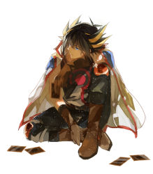Rule 34 | 1boy, belt, black hair, blonde hair, blue eyes, boots, brown footwear, brown gloves, card, closed mouth, dappled sunlight, fudo yusei, full body, gloves, holding, holding card, jacket, jacket on shoulders, looking away, male focus, multicolored hair, pants, print shirt, rozy, shade, shirt, simple background, sitting, sleeveless, solo, streaked hair, sunlight, white background, yu-gi-oh!, yu-gi-oh! 5d&#039;s