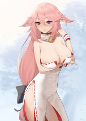 Rule 34 | 1girl, absurdres, alternate costume, animal ears, arm under breasts, bell, blush, breasts, cherry blossom print, cleavage, closed mouth, cowboy shot, detached collar, dress, earrings, floppy ears, floral print, fox ears, genshin impact, hair between eyes, hand up, highres, jewelry, large breasts, light smile, long hair, looking at viewer, lordol, neck bell, pink hair, purple eyes, side slit, single earring, sleeveless, sleeveless dress, solo, strapless, strapless dress, very long hair, white dress, wrist cuffs, yae miko