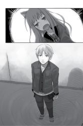 Rule 34 | 1boy, 1girl, animal ears, ayakura juu, craft lawrence, dress shirt, fang, floating hair, from above, full body, greyscale, holo, long hair, looking up, monochrome, novel illustration, official art, open mouth, pants, shirt, spice and wolf, standing, sweatdrop, wading, water, wolf ears