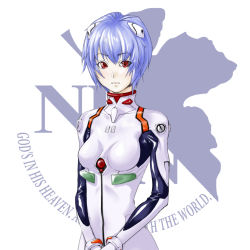Rule 34 | 00s, 1girl, ayanami rei, blue hair, bodysuit, bracer, breasts, english text, evangelion: 2.0 you can (not) advance, expressionless, eyebrows, gloves, headgear, logo, looking at viewer, neon genesis evangelion, nerv, own hands together, pale skin, pilot suit, plugsuit, rebuild of evangelion, red eyes, renha, short hair, simple background, small breasts, solo, turtleneck, upper body, white background