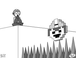 Rule 34 | 1boy, 1up, dated, drfresh113, gloves, greyscale, helmet, indian style, lowered eyelids, mega man (character), mega man (classic), mega man (series), monochrome, own hands together, sitting, solo, spikes, staring, thinking, watermark