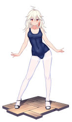 Rule 34 | 1girl, absurdres, ahoge, arms at sides, black footwear, blue one-piece swimsuit, blush, breasts, chinese commentary, closed mouth, collarbone, commentary request, covered navel, floor, hair between eyes, high heels, highres, lightning ahoge, long hair, looking at viewer, medium breasts, multicolored hair, navel, one-piece swimsuit, orange eyes, original, pantyhose, pantyhose under swimsuit, red hair, sandals, scar, scar on face, school swimsuit, sidelocks, signature, silver hair, simple background, slit pupils, solo, standing, streaked hair, swimsuit, thighband pantyhose, white background, white pantyhose, xiaoxi0619