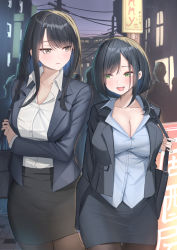 Rule 34 | 2girls, arm under breasts, bag, black hair, black skirt, blue shirt, blush, breasts, cleavage, collared shirt, dress shirt, green eyes, handbag, height difference, highres, large breasts, long hair, looking at another, miniskirt, mole, mole under mouth, multiple girls, night, night sky, office lady, open mouth, original, outdoors, pantyhose, parted bangs, partially unbuttoned, shirt, shirt tucked in, short hair, shougun (chuckni1), sidelocks, sign, skirt, sky, untucked shirt, utility pole, white shirt, yellow eyes