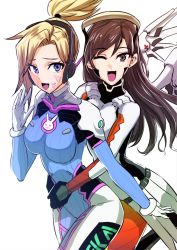 Rule 34 | 2girls, blush, clash kuro neko, commentary request, cosplay, costume switch, d.va (overwatch), facial mark, halo, highres, mechanical halo, mercy (overwatch), multiple girls, one eye closed, overwatch, overwatch 1, pilot suit, whisker markings