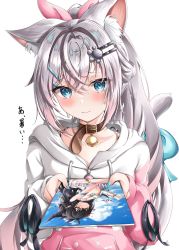 Rule 34 | 1girl, absurdres, animal ears, bell, belt, belt collar, blue eyes, blue nails, blush, bow, buckle, closed mouth, collar, crossed bangs, drawstring, grey hair, hair between eyes, hair ornament, hairclip, highres, holding, hood, hood down, hoodie, long hair, long sleeves, multicolored clothes, multicolored hair, multicolored hoodie, nail polish, neck bell, nekoya minamo, original, paw hair ornament, pink hair, pink hoodie, ponytail, sidelocks, simple background, smile, solo, streaked hair, tail, tail bow, tail ornament, white background, white hoodie