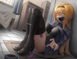 Rule 34 | 1girl, absurdres, bdsm, black thighhighs, blonde hair, blush, bondage, bound, breasts, commission, gag, gagged, hair ornament, harris hero, high heels, highres, idolmaster, idolmaster cinderella girls, idolmaster cinderella girls starlight stage, improvised gag, kidnapped, kurosaki chitose, large breasts, long hair, panties, pink eyes, restrained, second-party source, sex toy, skirt, solo, tape, tape gag, thighhighs, underwear, variant set, very long hair, vibrator, vibrator in thighhighs, white background, white panties