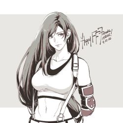Rule 34 | 1girl, arms behind back, bare shoulders, breasts, closed mouth, collarbone, crop top, earrings, elbow pads, final fantasy, final fantasy vii, final fantasy vii remake, greyscale, jewelry, krazehkai, large breasts, long hair, low-tied long hair, midriff, monochrome, navel, shirt, skirt, stomach, suspender skirt, suspenders, tank top, taut clothes, taut shirt, tifa lockhart, undershirt, upper body, very long hair, white tank top