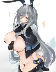 Rule 34 | 1girl, animal ears, areola slip, arknights, ascot, black capelet, black gloves, black thighhighs, blush, breasts, capelet, cleavage, commentary, cowboy shot, eyelashes, fake animal ears, fake tail, gloves, grey ascot, hair between eyes, heart pasties, highres, infection monitor (arknights), large breasts, leaning forward, long hair, looking at viewer, maebari, midriff, mikozin, navel, parted lips, pasties, rabbit ears, rabbit tail, red eyes, silver hair, simple background, skadi (arknights), solo, tail, thighhighs, thighs, very long hair, white background