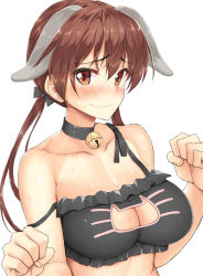 Rule 34 | 1girl, animal ears, b-ginga, bell, neck bell, black bra, blush, bra, breasts, brown eyes, brown hair, cat cutout, cat lingerie, choker, cleavage cutout, clothing cutout, dog ears, gertrud barkhorn, jingle bell, large breasts, long hair, looking at viewer, meme attire, paw pose, simple background, smile, solo, strike witches, underwear, white background, world witches series