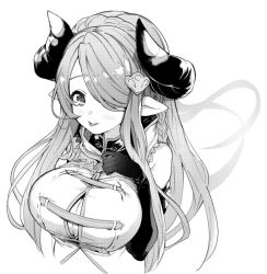 Rule 34 | 1girl, asymmetrical gloves, bare shoulders, black gloves, blush, braid, breasts, cleavage, draph, elbow gloves, gloves, granblue fantasy, greyscale, hair ornament, hair over one eye, horns, large breasts, long hair, low tied hair, monochrome, narmaya (granblue fantasy), pointy ears, sakita (ookawarii), simple background, single braid, sleeveless, smile, solo, uneven gloves, upper body, very long hair, white background