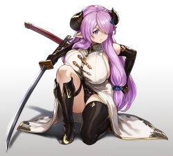 Rule 34 | 1girl, breast press, breasts, covered erect nipples, demon horns, draph, elbow gloves, fighting stance, gloves, granblue fantasy, hair over one eye, highres, holding, holding sword, holding weapon, horns, houtengeki, huge breasts, light purple hair, narmaya (granblue fantasy), pointy ears, purple eyes, revision, sheath, solo, squatting, sword, thigh strap, thighs, weapon