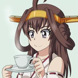 Rule 34 | 10s, 1girl, ahoge, animated, animated gif, blush, cup, double bun, drooling, foodgasm, hair bun, hairband, headgear, heart, heart-shaped pupils, kantai collection, kongou (kancolle), lewdamone, lowres, mouth drool, nontraditional miko, plate, solo, symbol-shaped pupils, teacup