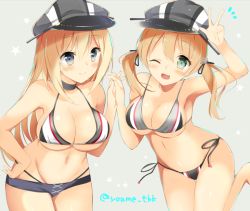 Rule 34 | 10s, 2girls, adapted costume, alternate costume, arm up, bare arms, bare shoulders, bikini, bismarck (kancolle), blonde hair, blue eyes, breasts, cleavage, commentary request, green eyes, holding hands, hat, hitsuji takako, kantai collection, large breasts, long hair, looking at viewer, multiple girls, one eye closed, open mouth, peaked cap, prinz eugen (kancolle), side-tie bikini bottom, sideboob, swimsuit, twintails, twitter username, underboob