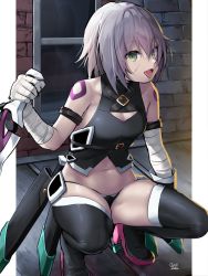 Rule 34 | 1girl, armband, ass, bandaged arm, bandages, bare shoulders, black panties, black thighhighs, boots, breasts, dagger, facial scar, fate/apocrypha, fate (series), green eyes, grey hair, hair between eyes, highres, jack the ripper (fate/apocrypha), knife, looking at viewer, looking back, navel, oekakizuki, panties, scar, scar across eye, scar on cheek, scar on face, shoulder tattoo, small breasts, solo, squatting, tattoo, thigh boots, thighhighs, tongue, tongue out, underwear, weapon, white hair