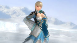 Rule 34 | 1girl, 3d, ayane (doa), blonde hair, breasts, cleavage, cosplay, dead or alive, dead or alive 5, hands on own hips, highres, large breasts, official art, official wallpaper, red eyes, shin sangoku musou, solo, tecmo, wallpaper, wang yuanji, wang yuanji (cosplay)