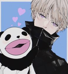 Rule 34 | 1boy, black jacket, blonde hair, blue background, covered mouth, hand puppet, hand up, heart, high collar, highres, inumaki toge, jacket, jujutsu kaisen, looking at viewer, male focus, namida a2, panda (jujutsu kaisen), puppet, purple eyes, short hair, simple background, solo, upper body